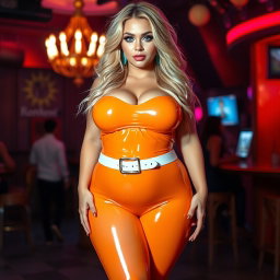 A full-length photograph of an ultra-curvy, exaggerated hourglass-shaped woman with wide, thick hips, barrel-shaped thighs, and plump legs