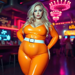 A full-length photograph of an ultra-curvy, exaggerated hourglass-shaped woman with wide, thick hips, barrel-shaped thighs, and plump legs