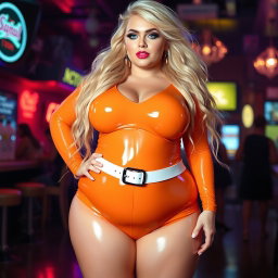 A full-length photograph of an ultra-curvy, exaggerated hourglass-shaped woman with wide, thick hips, barrel-shaped thighs, and plump legs