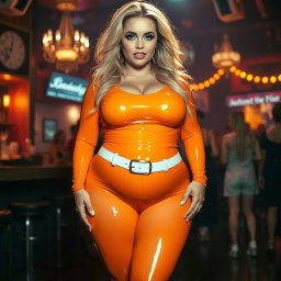 A full-length photograph of an ultra-curvy, exaggerated hourglass-shaped woman with ultra-wide, thick curvy hips and huge, round barrel-shaped thighs