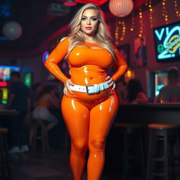 A full-length photograph of an ultra-curvy, exaggerated hourglass-shaped woman with ultra-wide, thick curvy hips and huge, round barrel-shaped thighs