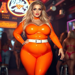 A full-length photograph of an ultra-curvy, exaggerated hourglass-shaped woman with ultra-wide, thick curvy hips and huge, round barrel-shaped thighs