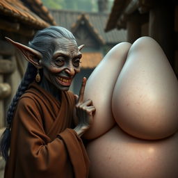 In a medieval village, a tiny elderly Goblin woman with very dark skin and an emaciated body exhibits sharp, crooked teeth and elf-like ears