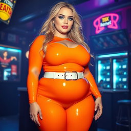 A full-length photograph of an exaggerated hourglass-shaped, ultra-curvy woman featuring ultra-wide thick hips and huge round barrel-shaped thighs