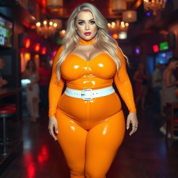 A full-length photograph of an exaggerated hourglass-shaped, ultra-curvy woman featuring ultra-wide thick hips and huge round barrel-shaped thighs