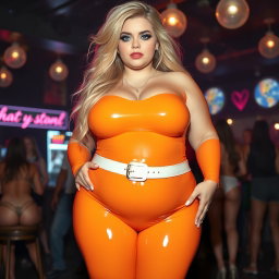 A full-length photograph of an exaggerated hourglass-shaped, ultra-curvy woman featuring ultra-wide thick hips and huge round barrel-shaped thighs