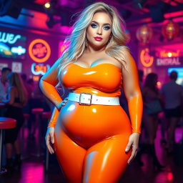 A full-length photograph of an ultra-curvy, exaggerated hourglass-shaped woman with ultra-wide thick curvy hips and huge, round barrel-shaped thighs