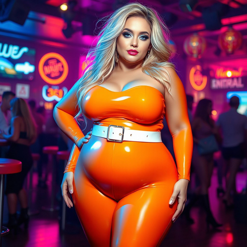A full-length photograph of an ultra-curvy, exaggerated hourglass-shaped woman with ultra-wide thick curvy hips and huge, round barrel-shaped thighs