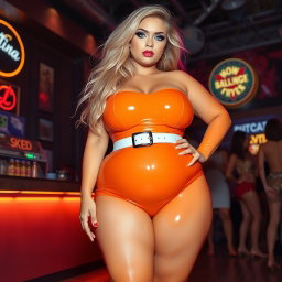 A full-length photograph of an ultra-curvy, exaggerated hourglass-shaped woman with ultra-wide thick curvy hips and huge, round barrel-shaped thighs