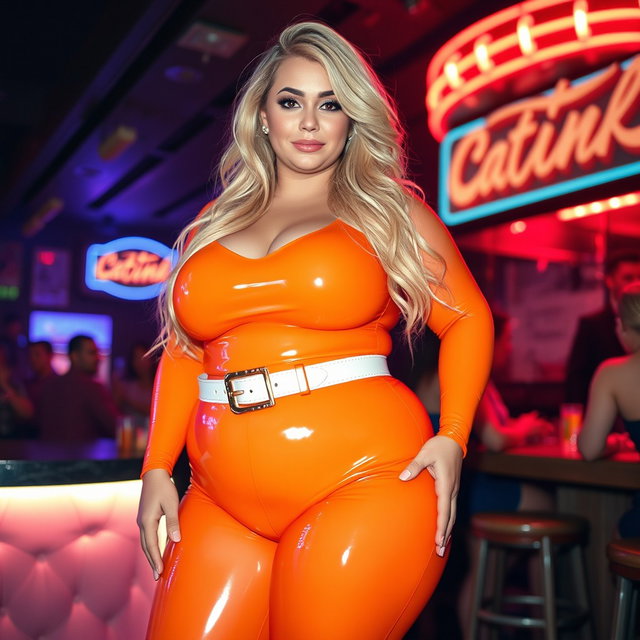 A full-length photograph of an ultra-curvy, exaggerated hourglass-shaped woman with ultra-wide thick curvy hips and huge, round barrel-shaped thighs