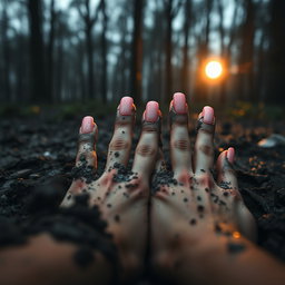 First-person point of view of a girl's hands with long, glossy pink manicure, plunging into wet soil and dark mud in a moonlit forest