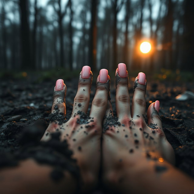First-person point of view of a girl's hands with long, glossy pink manicure, plunging into wet soil and dark mud in a moonlit forest