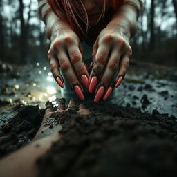 First-person point of view of a girl's hands with long, glossy pink manicure, plunging into wet soil and dark mud in a moonlit forest