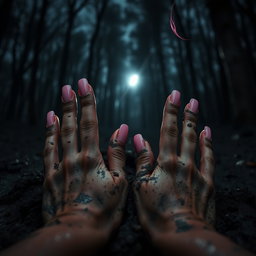 First-person point of view of a girl's hands with long, glossy pink manicure, plunging into wet soil and dark mud in a moonlit forest