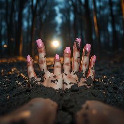 First-person point of view of a girl's hands with long, glossy pink manicure, plunging into wet soil and dark mud in a moonlit forest