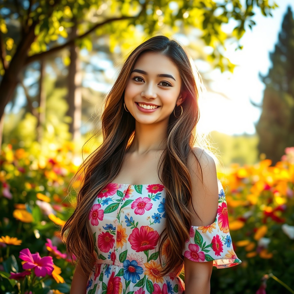 A portrait of a young woman, exuding confidence and grace, with long flowing hair, soft features, and a warm smile
