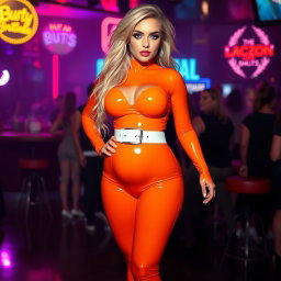 A full-length photograph of a beautiful young woman with an exaggerated hourglass figure, showcasing ultra-curvy rounded hips and huge round barrel-shaped thighs