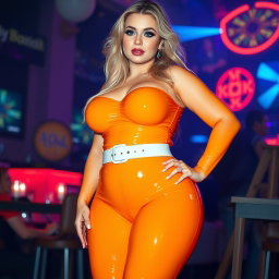 A full-length photograph of an ultra-curvy woman with an exaggerated hourglass shape, featuring ultra-wide thick rounded hips and huge thick round barrel-shaped thighs
