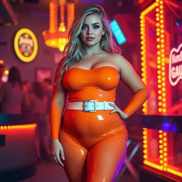 A full-length photograph of an ultra-curvy woman with an exaggerated hourglass shape, featuring ultra-wide thick rounded hips and huge thick round barrel-shaped thighs