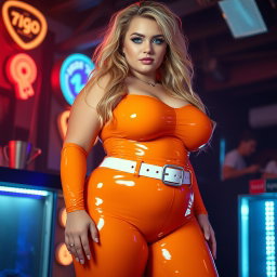 A full-length photograph of an ultra-curvy woman with an exaggerated hourglass shape, featuring ultra-wide thick rounded hips and huge thick round barrel-shaped thighs
