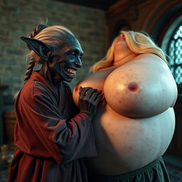 In a medieval room, a small elderly Goblin woman with completely black skin, a malnourished body, sharp decayed teeth, and pointed ears