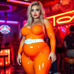 A full-length photograph of an ultra-curvy woman with an exaggerated hourglass figure, showcasing ultra-wide thick curvy rounded hips and huge thick round barrel-shaped thighs