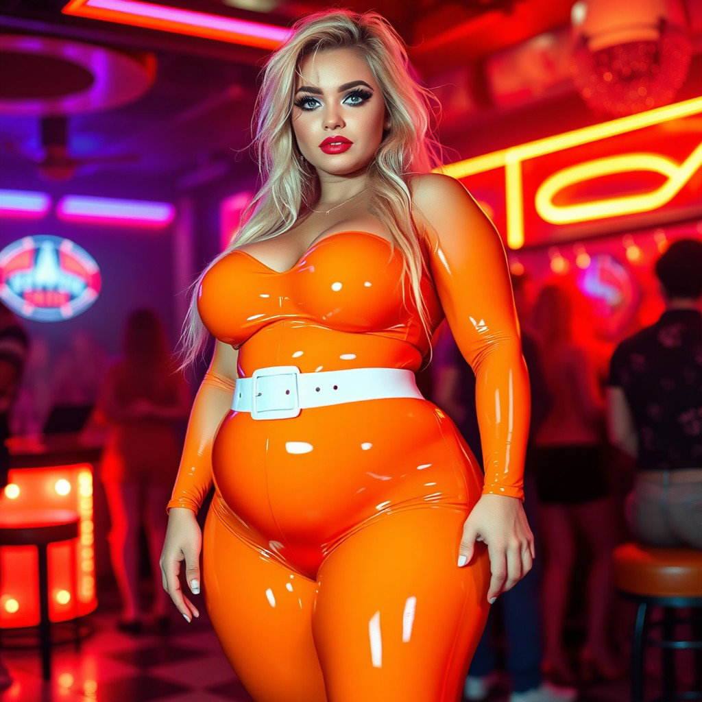 A full-length photograph of an ultra-curvy woman with an exaggerated hourglass figure, showcasing ultra-wide thick curvy rounded hips and huge thick round barrel-shaped thighs