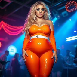 A full-length photograph of an ultra-curvy woman with an exaggerated hourglass figure, showcasing ultra-wide thick curvy rounded hips and huge thick round barrel-shaped thighs