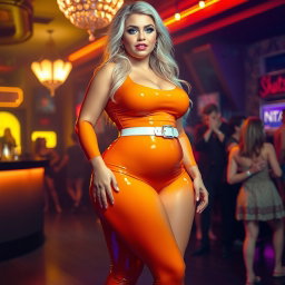 A full-length photograph of an ultra-curvy woman with an exaggerated hourglass figure, showcasing ultra-wide thick curvy rounded hips and huge thick round barrel-shaped thighs