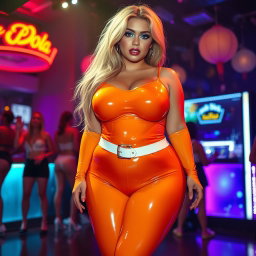 A full-length photograph of an ultra-curvy woman with an exaggerated hourglass figure, showcasing ultra-wide thick curvy rounded hips and huge thick round barrel-shaped thighs