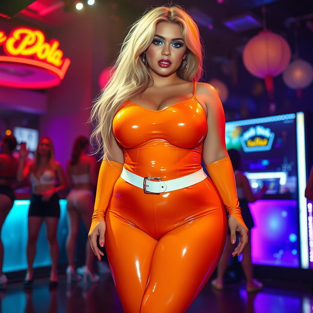 A full-length photograph of an ultra-curvy woman with an exaggerated hourglass figure, showcasing ultra-wide thick curvy rounded hips and huge thick round barrel-shaped thighs