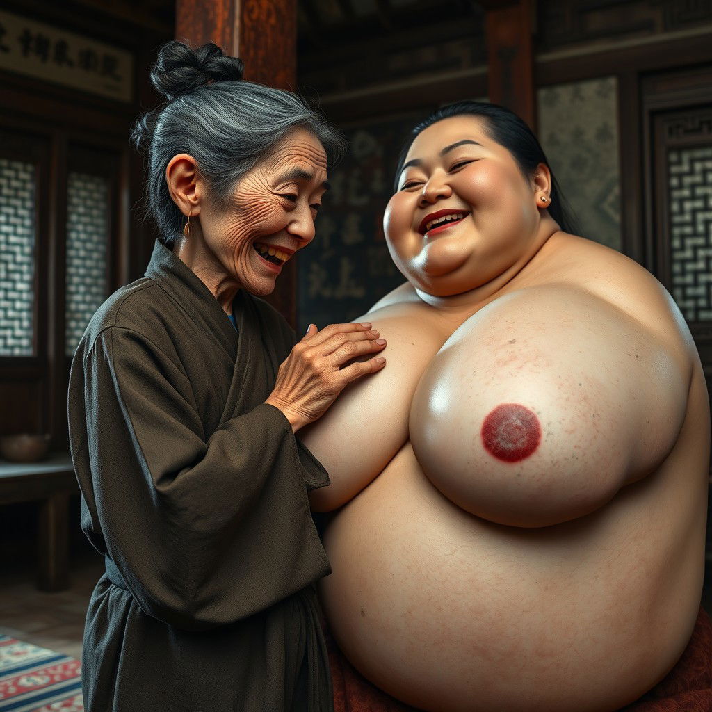 In a medieval Chinese room, a small elderly dwarf woman of Chinese descent with a malnourished body, sharp, decayed teeth, and dressed in a long, closed Buddhist robe