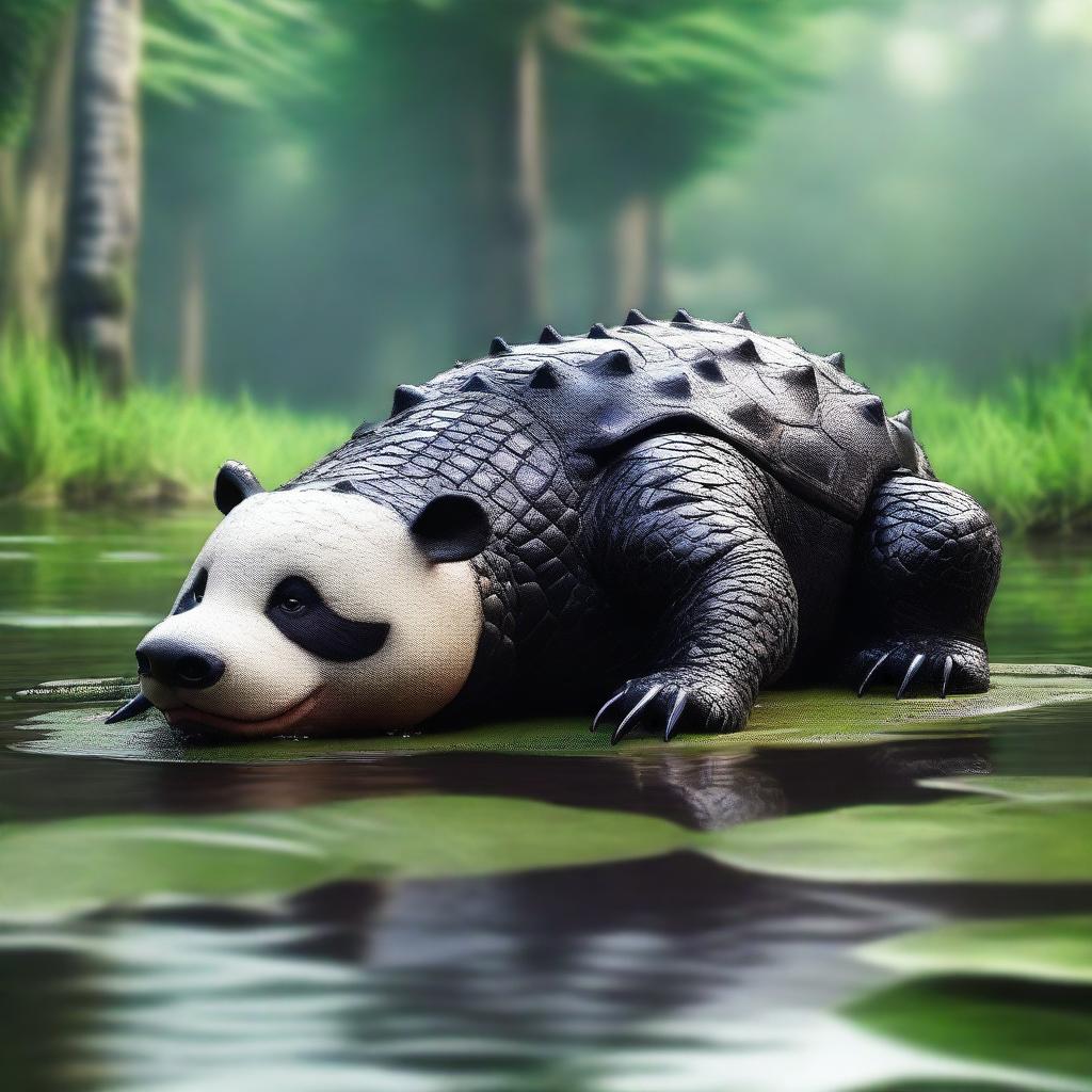 A captivating hyper-realistic digital art piece, illustrating an unusual concept of a 'Panda Crocodile'