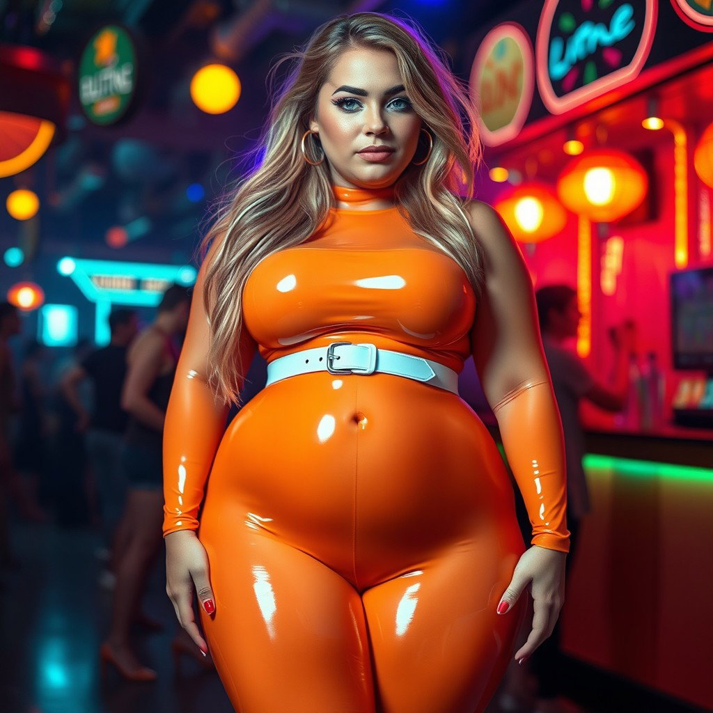 A full-length photograph of a voluptuous, exaggerated-hourglass-shaped young woman with ultra-curvy features