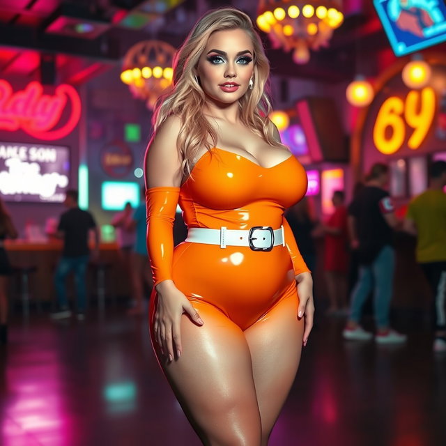 A full-length photograph of a voluptuous, exaggerated-hourglass-shaped young woman with ultra-curvy features