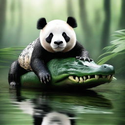 A captivating hyper-realistic digital art piece, illustrating an unusual concept of a 'Panda Crocodile'