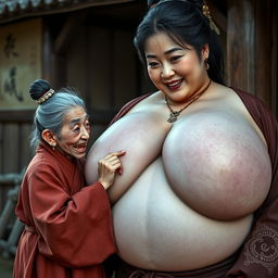 In a medieval village, a very small and emaciated elderly Chinese dwarf woman with sharp teeth is dressed in a long, fully closed Buddhist robe