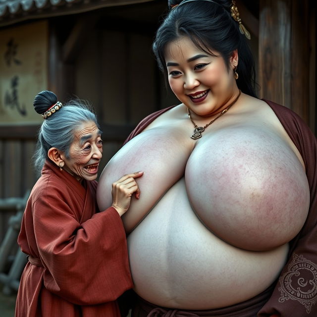 In a medieval village, a very small and emaciated elderly Chinese dwarf woman with sharp teeth is dressed in a long, fully closed Buddhist robe