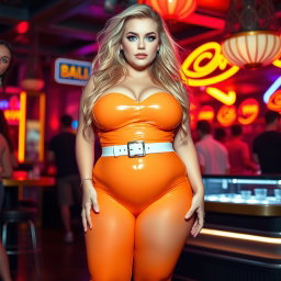 A full-length photograph of a voluptuous, exaggerated-hourglass-shaped young woman with ultra-curvy features, characterized by her thick rounded hips, large round thighs, and plump legs