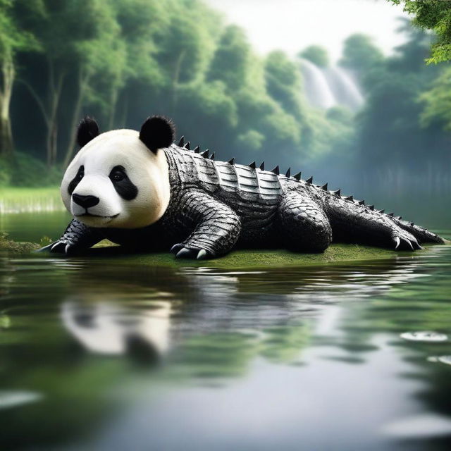 A captivating hyper-realistic digital art piece, illustrating an unusual concept of a 'Panda Crocodile'