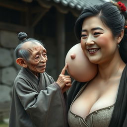 In a medieval village, there is a very small, emaciated elderly Chinese dwarf woman with sharp teeth wearing a long, fully closed Buddhist robe