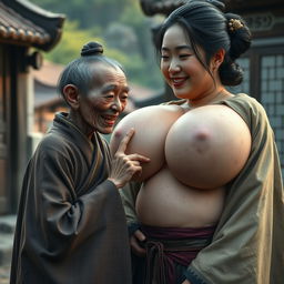 In a medieval village, there is a very small, emaciated elderly Chinese dwarf woman with sharp teeth wearing a long, fully closed Buddhist robe