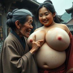 In a medieval village, there is a very small, emaciated elderly Chinese dwarf woman with sharp teeth wearing a long, fully closed Buddhist robe