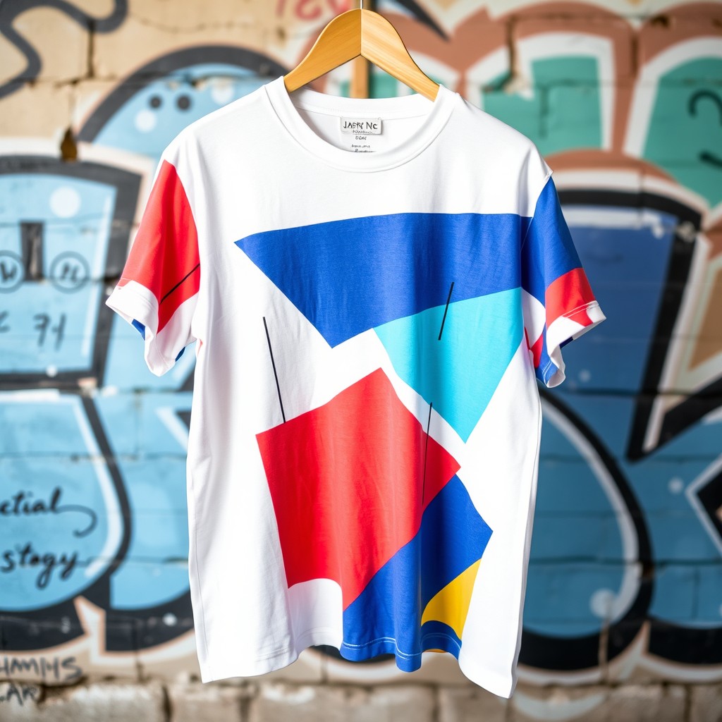 A stylish and unique t-shirt design featuring a vibrant abstract geometric pattern with bold colors like blue, red, and yellow
