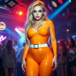 A full-length photograph of a stunning, exaggerated-hourglass-shaped young woman, featuring ultra-curvy attributes such as ultra-wide thick hips, huge round thighs, and plump legs