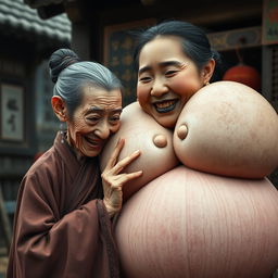 In a medieval Chinese village, an extremely small, elderly dwarf woman is depicted as very short, Chinese, and emaciated