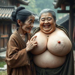In a medieval Chinese village, an extremely small, elderly dwarf woman is depicted as very short, Chinese, and emaciated