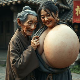 In a medieval Chinese village, an extremely small, elderly dwarf woman is depicted as very short, Chinese, and emaciated
