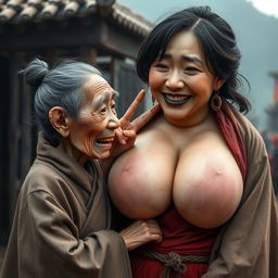 In a medieval Chinese village, an extremely small, elderly dwarf woman is depicted as very short, Chinese, and emaciated