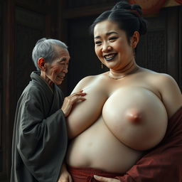 In a medieval Chinese room, an extremely small, elderly dwarf woman is depicted as very small, Chinese, and emaciated